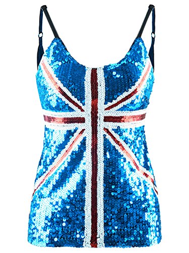 ANNA-KACI Frauen Union Jack Flagge glitzernd Pailletten Slim Verstellbar Spaghetti Tank Top von ANNA-KACI