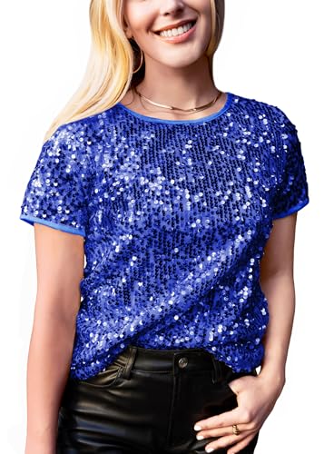 ANNA-KACI Pailletten Oberteil Damen Glitzer Kurzarm Rundhalsausschnitt Pullover Bluse Party Tank Tops, König Blau, X-Large von ANNA-KACI
