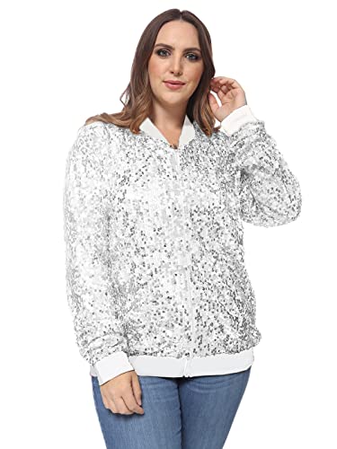 ANNA-KACI Plus Size Langarm Glitzer Pailletten Bomberjacke mit Reißverschluss,Silber,2X-Large von ANNA-KACI