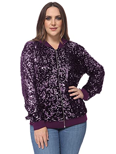 ANNA-KACI Plus Size Langarm Glitzer Pailletten Bomberjacke mit Reißverschluss,Violett,1X-Large von ANNA-KACI
