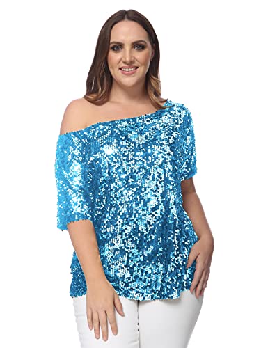 ANNA-KACI Sparkle Pailletten mit Einer Schulter Kurzarm Top Shirt,Blau,4X-Large von ANNA-KACI