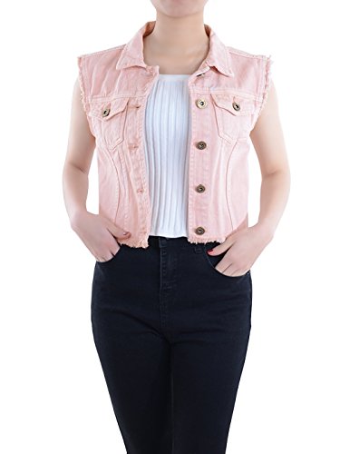 Anna-Kaci Damen Blau Denim Distressed Ausgefranst Button Up ärmellos Jeans Jacke Weste, L, Pink von ANNA-KACI