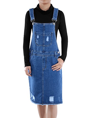 Anna-Kaci Damen Lässig Raw Edge Hem Denim Kratzen Stil Jeansskirt Jeansrock Minirock Verstellbar Träger Latzkleid Latzrock Rock, L, Blau von ANNA-KACI