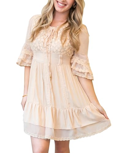 Anna-Kaci Damen Sahnespitze Blumen Rüschen Glockenärmel Bauer Bluse Krawatte Mini Kleid, Beige, S von ANNA-KACI