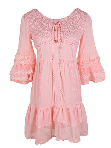 Anna-Kaci Damen Sahnespitze Blumen Rüschen Glockenärmel Bauer Bluse Krawatte Mini Kleid, Pink, XL von ANNA-KACI