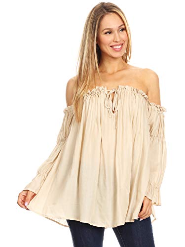 Anna-Kaci Damen Weiß Boho Chiffon Langarm Schulterfrei Faltenwurf Semi Sheer einfach Shirt Top, Größe L, Farbe Beige von ANNA-KACI