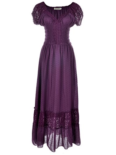 Anna-Kaci Frauen Einfarbige Elastische Smock Taille Sommer Flügelärmeln Boho Gypsy Lange Lace Spitze Oktoberfest Maxikleid Kleid, XL, Purple von ANNA-KACI