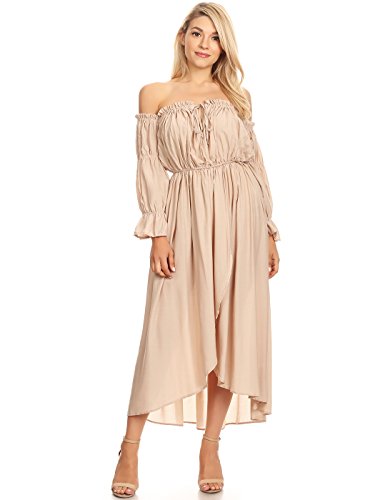 Anna-Kaci Frauen Vintag Boho Schulterfrei Langarm Geschmückt Renaissance Maxikleid, L, Beige von ANNA-KACI