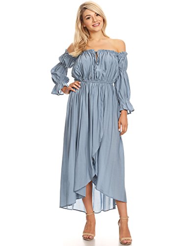Anna-Kaci Frauen Vintag Boho Schulterfrei Langarm Geschmückt Renaissance Maxikleid, XL, Blau von ANNA-KACI