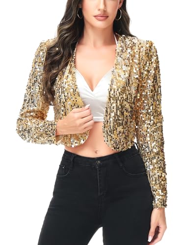 Anna-Kaci Pailletten Metallic Retro Disco Geerntetes Langarm Bolero Jacke, S, Gold1 von ANNA-KACI