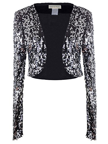 Anna-Kaci Pailletten Metallic Retro Disco Geerntetes Langarm Bolero Jacke, S, Schwarz&Silber von ANNA-KACI