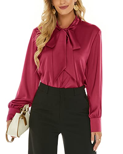 Escalier Damen Seidenbluse Fliege Hals Langarm Satin Knopfleiste Hemd Casual Büro Bluse Top, weinrot, Klein von ANNA&CHRIS