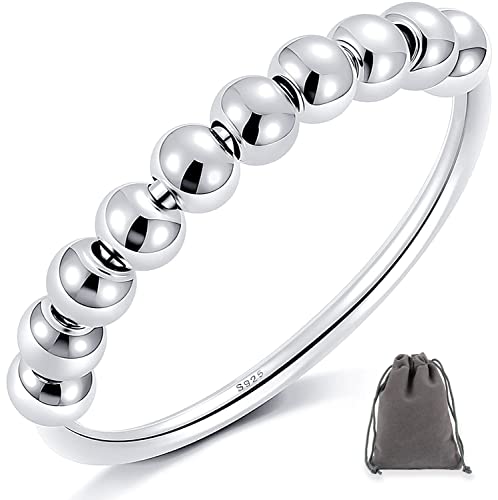 Anxiety Ring 925 Sterling Silber Angst Spinning Fidget Ringe mit Perlen Band Ring Zappelringe für Dünne Stapelbare Ringe Anti Stress Ring für Damen Herren Verlobungsringe mit Geschenkbox (7（54）) von ANNAHEART