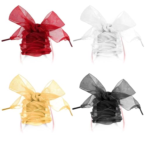 4 Paare Satin Schnürsenkel Schuhbänder Breite Schnürsenkel Shoelace Flaches Band für Damen Sneaker Turnschuhe Laufschuhe Sportschuhe Outdoorschuh (110cm 4cm breite Weiß Schwarz Rot Gelb) von ANNASAMDO