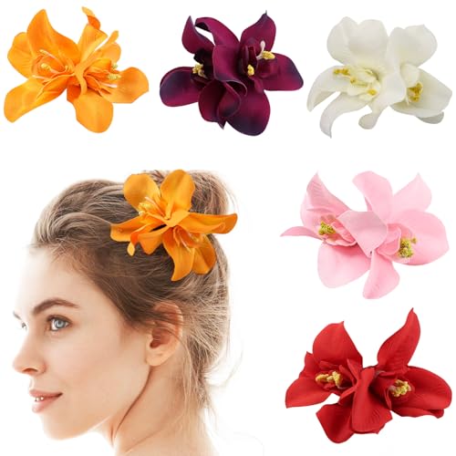 ANNASAMDO 5 Stück Hawaii Blumen Haarklammer, Orchidee Blume Haarspange Haarschmuck Haarnadeln Flower Hair Clip für Damen Hochzeit Urlaub Party Strand Sommer von ANNASAMDO