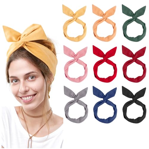 ANNASAMDO 9 Stück Stirnbänder Damen, Vintage Bow Flexibler Metalldraht Biegbar Haarreifen Haarband Stirnband mit Schleife, Retro Haarschmuck Headband Haare Zubehör für Dame Mädchen (9 Farben) von ANNASAMDO