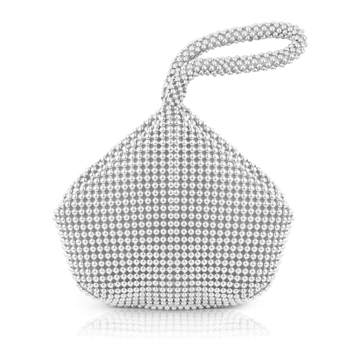 ANNASAMDO Damen Clutch Abendtasche, Strass Handtasche Silber Beuteltasch Glitzer Kleine Tasche mit Reißverschluss für Mädchen Kosmetik Party Freizeit Date von ANNASAMDO