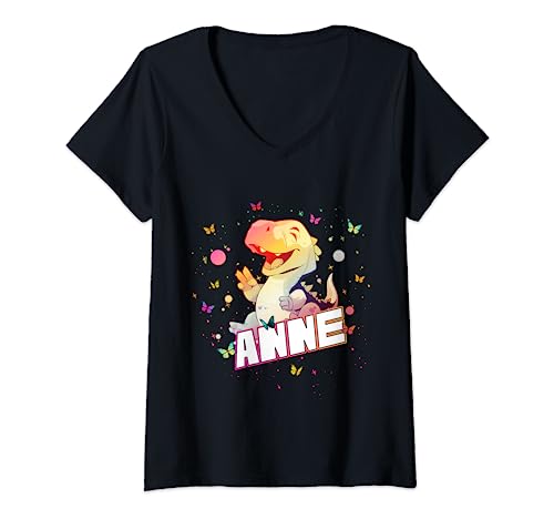 ANNE - Schöner Mädchen Name mit süßem Dino T-Shirt mit V-Ausschnitt von ANNE Tochter Enkel Geburtstag Geschenkideen