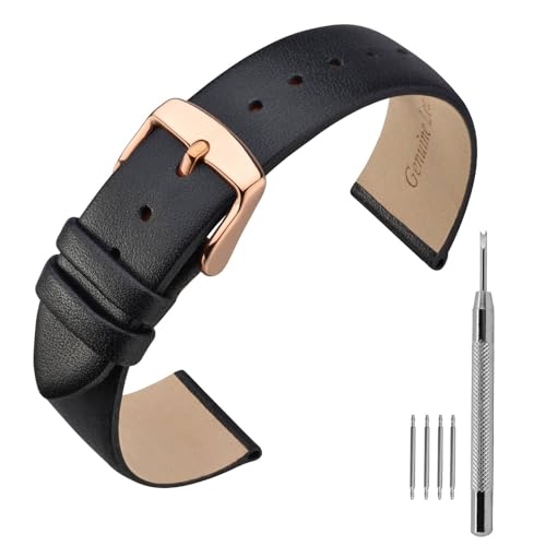 ANNEFIT Leder Uhrenarmband, Armband 16mm mit Roségold Schnalle, Kompatibel mit Intelligenten und Traditionellen Uhren (Schwarz) von ANNEFIT