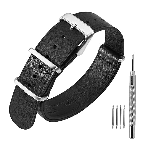 ANNEFIT Leder Uhrenarmband 18mm, Echtes Kalbsleder Einteiliges Militär Uhrenarmbänder für Herren und Damen mit Gebürstete Silberschnalle (Schwarz) von ANNEFIT