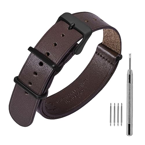 ANNEFIT Leder Uhrenarmband 18mm, Echtes Kalbsleder Einteiliges Militär Uhrenarmbänder für Herren und Damen mit Matte schwarze Schnalle (Dunkelbraun) von ANNEFIT