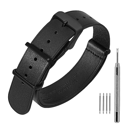 ANNEFIT Leder Uhrenarmband 18mm, Echtes Kalbsleder Einteiliges Militär Uhrenarmbänder für Herren und Damen mit Matte schwarze Schnalle (Schwarz) von ANNEFIT