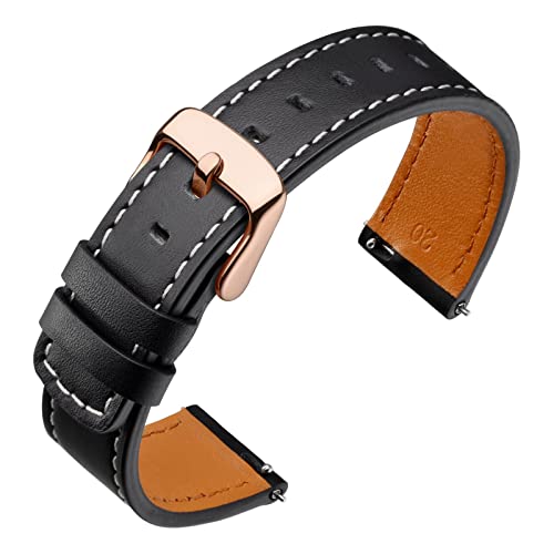 ANNEFIT Leder Uhrenarmband 20mm mit Edelstahl Roségold Schnalle, Schnellverschluss Ersatzarmband für Herren Damen (Schwarz) von ANNEFIT