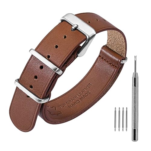 ANNEFIT Leder Uhrenarmband 22mm, Echtes Kalbsleder Einteiliges Militär Uhrenarmbänder für Herren und Damen mit Gebürstete Silberschnalle (Hellbraun) von ANNEFIT