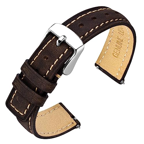 ANNEFIT Leder Uhrenarmband für Damen, Schnellverschluss Ersatzband 20mm mit Edelstahl Metall Schließe (Braun/Beige Linie) von ANNEFIT