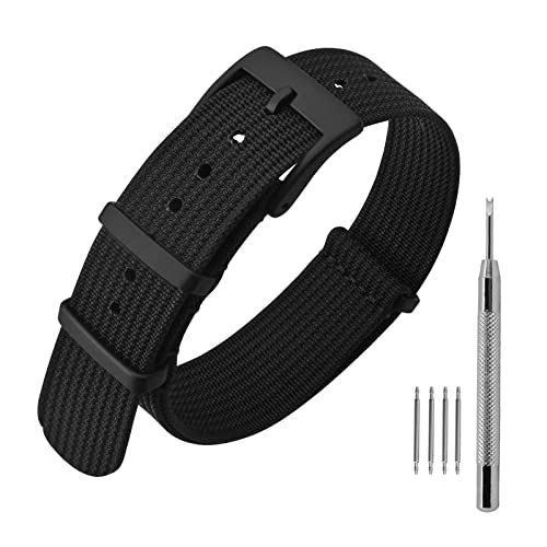 ANNEFIT Nylon Uhrenarmbänder 16mm mit Edelstahl Metall Schwarz Schließe, Sport Atmungsaktive Ersatzarmband (Schwarz) von ANNEFIT