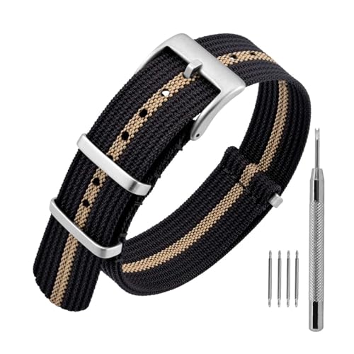 ANNEFIT Nylon Uhrenarmbänder 18mm mit Edelstahl Metall Schließe, Sport Atmungsaktive Ersatzarmband (Schwarz/Khaki) von ANNEFIT