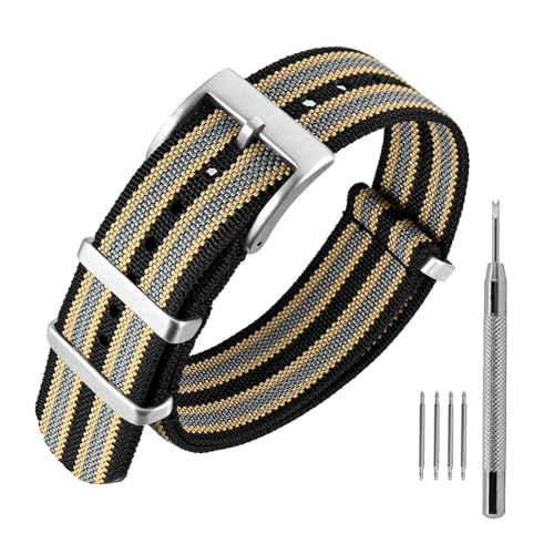 ANNEFIT Nylon Uhrenarmbänder 18mm mit Edelstahl Metall Schließe, Sport Atmungsaktive Ersatzarmband (Schwarz/Khaki/Grau) von ANNEFIT
