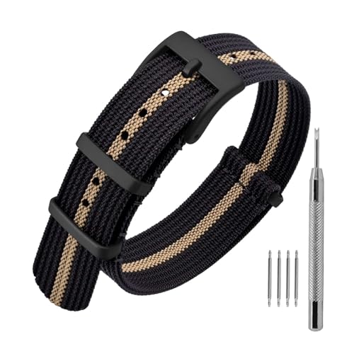 ANNEFIT Nylon Uhrenarmbänder 20mm mit Edelstahl Metall Schwarz Schließe, Sport Atmungsaktive Ersatzarmband (Schwarz/Khaki) von ANNEFIT