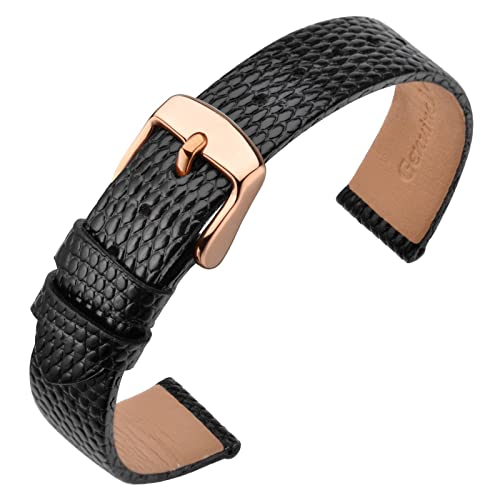 ANNEFIT Uhrenarmband 10mm Leder für Damen, Eidechsen-Prägung Ersatzarmband mit Edelstahl Roségold Schnalle (Schwarz) von ANNEFIT