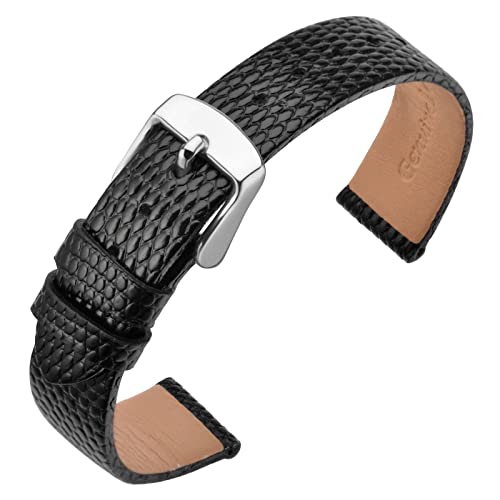 ANNEFIT Uhrenarmband 14mm Leder für Damen, Eidechsen-Prägung Ersatzarmband mit Edelstahl Silberne Schnalle (Schwarz) von ANNEFIT