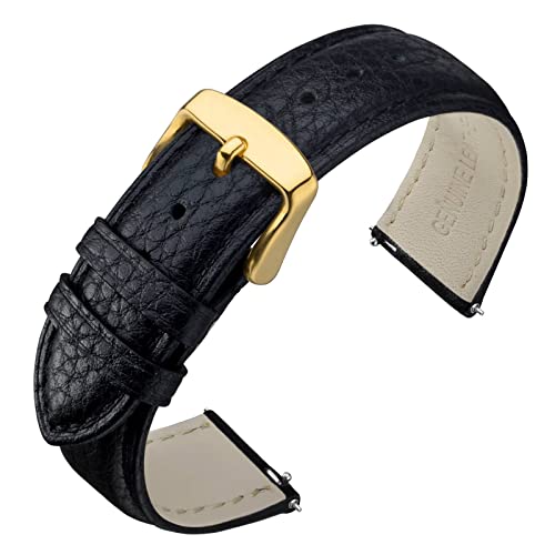 ANNEFIT Uhrenarmband 18mm Leder mit Edelstahl Gold Schnalle, Schnellverschluss Armband mit Weich Gepolstert für Herren Damen (Schwarz) von ANNEFIT