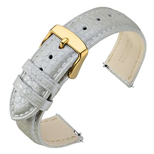 ANNEFIT Uhrenarmband 18mm Leder mit Edelstahl Gold Schnalle, Schnellverschluss Armband mit Weich Gepolstert für Herren Damen (Silber) von ANNEFIT