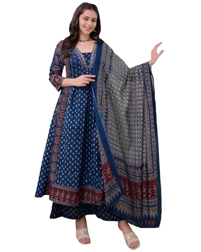 ANNI DESIGNER Damen Anarkali Kurta Set aus reiner Baumwolle für Frauen mit Dupatta & Plazzo - Handblockdruck Anzug-Set | Stilvolles Kleid | Baumwoll-Kurta-Set für Frauen, Blau, M von ANNI DESIGNER