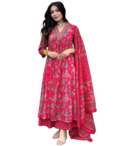ANNI DESIGNER Damen-Kurta aus Viskose, Viskose, Anarkali, bedruckt, Palazzo und Dupatta, Pink, XXL von ANNI DESIGNER