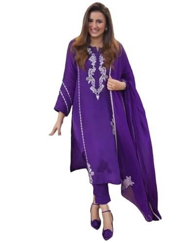 ANNI DESIGNER Damen Kurta aus Viskose-Mischgewebe, bestickt, gerade, mit Hose und Dupatta, Begani, L von ANNI DESIGNER