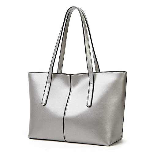 ANNI RIEL Damen-Tragetasche mit großem Fassungsvermögen, weiches Leder, Handtasche, klassisch, modisch, Schultertasche, Damen-Tragetasche mit Reißverschluss, silber, Large von ANNI RIEL