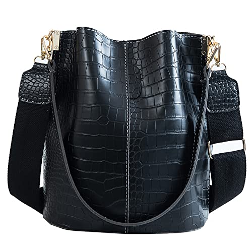 ANNI RIEL Leder-Eimertasche Crossbody-Tasche für Damen, modisch, klassisches Krokodilmuster, große Schultertasche, Handtasche, Geldbörsen, Schwarz , Large von ANNI RIEL