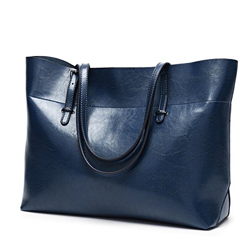 Klassische modische Echtleder-Tragetasche für Damen, lässig, große Kapazität, Schultertasche, Handtasche, Geldbörsen mit Reißverschluss, blau, extra large von ANNI RIEL