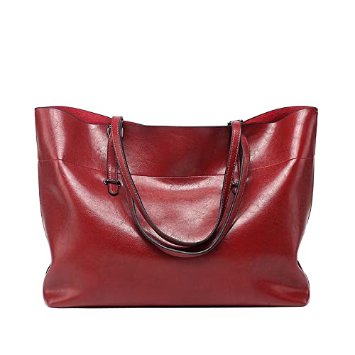 Klassische modische Echtleder-Tragetasche für Damen, lässig, große Kapazität, Schultertasche, Handtasche, Geldbörsen mit Reißverschluss, rot, extra large von ANNI RIEL