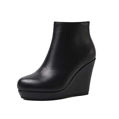 ANNIESHOE Leder Stiefeletten Damen Keilabsatz Ankle Boots Plateau Schwarz 9.5cm Absatz 36CN 36EU 23cm von ANNIESHOE