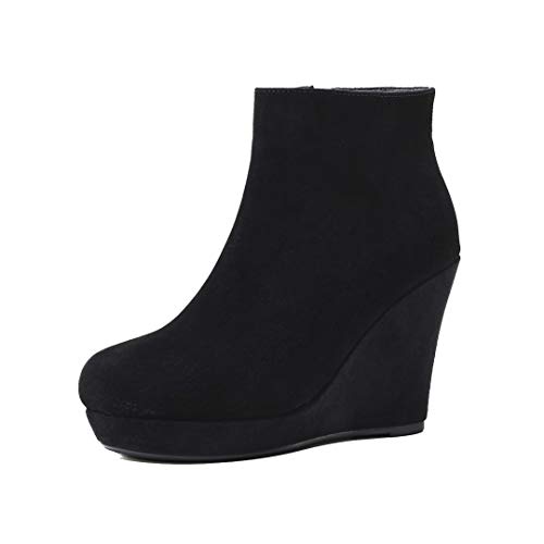 ANNIESHOE Leder Stiefeletten Damen Keilabsatz Ankle Boots Plateau Schwarz 9.5cm Absatz Wildleder 36CN 36EU 23cm von ANNIESHOE