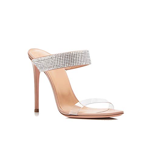 ANNIESHOE Pantoletten Damen Elegant Glitzer Strass Transparent Sandalen Frauen High Heels Absatz Sommer Beige 37EU von ANNIESHOE
