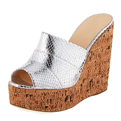 ANNIESHOE Pantoletten Damen Lack Elegant Keilabsatz Plateau Comfort Sommer Silber 39EU von ANNIESHOE