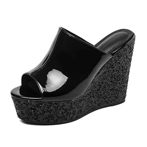 ANNIESHOE Pantoletten Damen Lackleder Elegant Keilabsatz High Heels Absatz Plateau Sommer Schwarz 39CN 38EU 24.5cm von ANNIESHOE