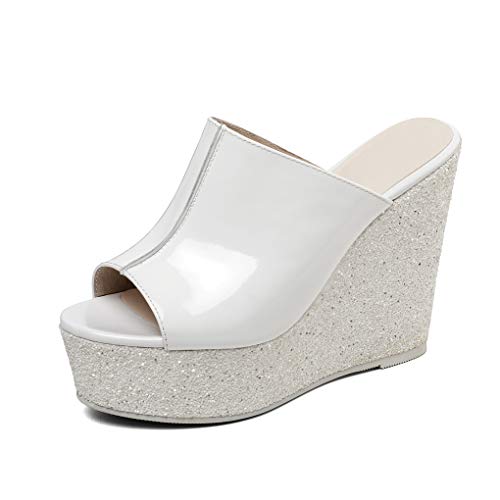 ANNIESHOE Pantoletten Damen Lackleder Elegant Keilabsatz High Heels Absatz Plateau Sommer Weiß 39CN 38EU 24.5cm von ANNIESHOE